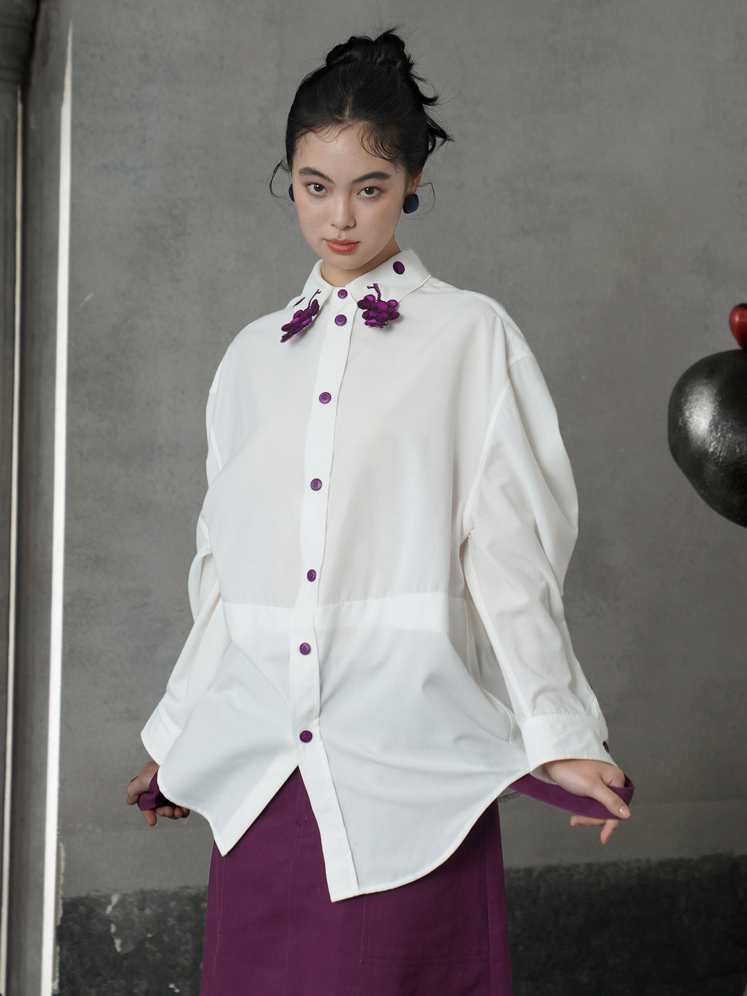 Vintage Grape Purple Embroidered Shirt | Contrast White Lapel Blouse