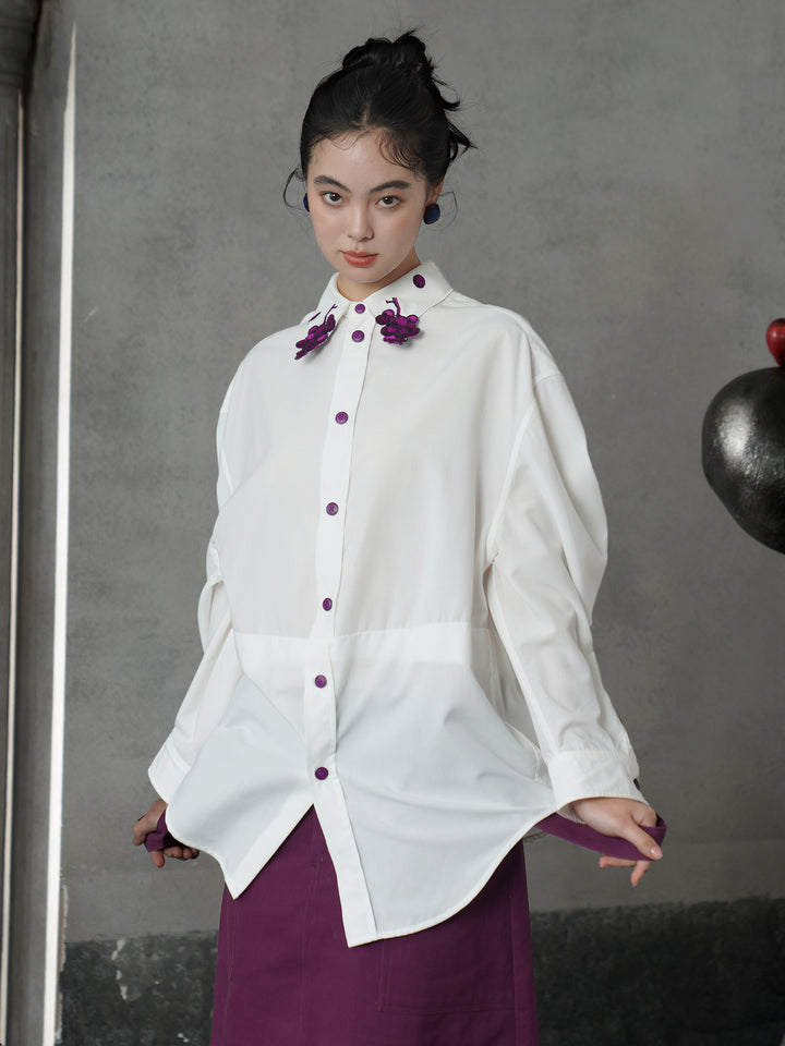 Vintage Grape Purple Embroidered Shirt | Contrast White Lapel Blouse