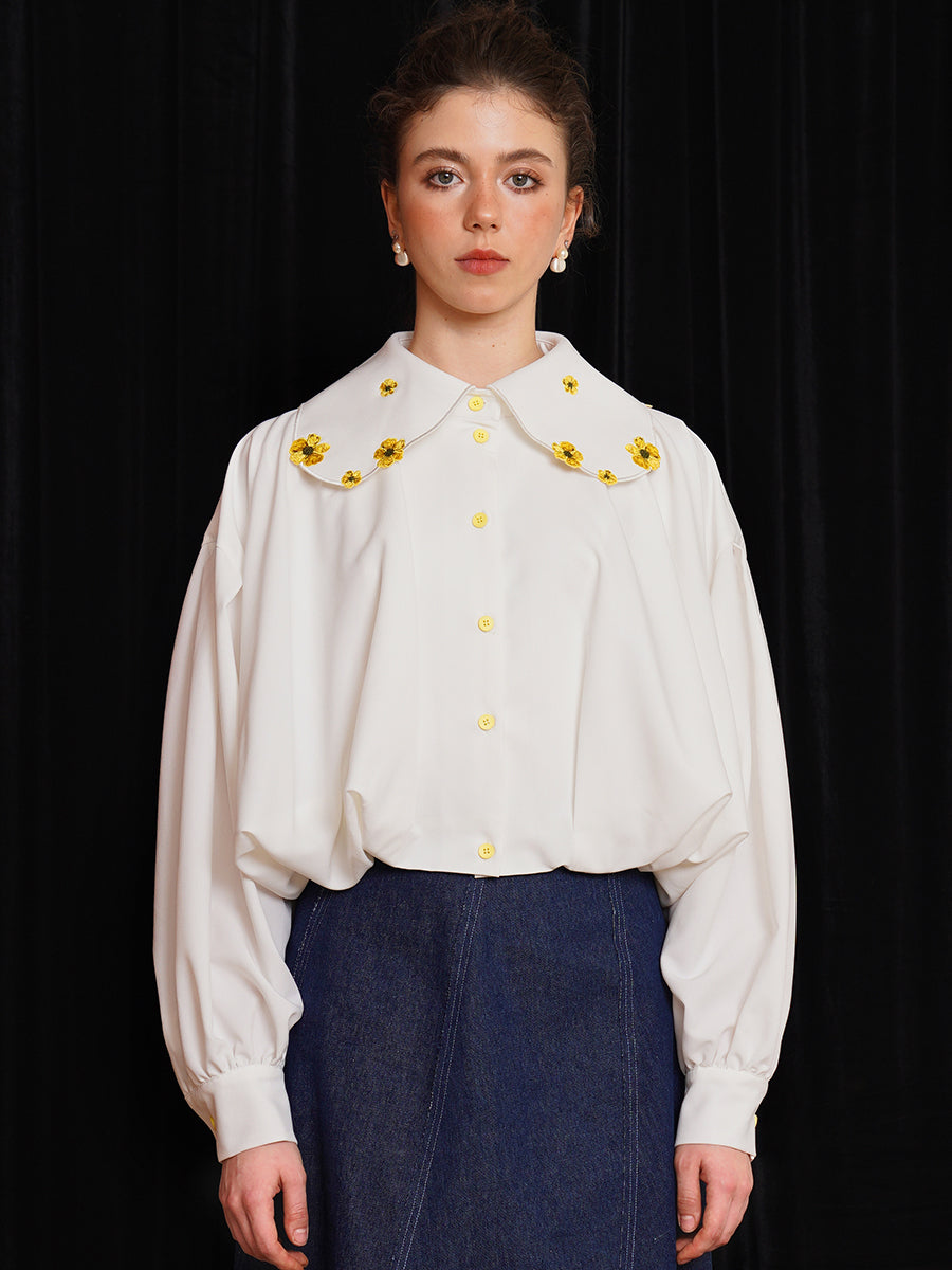 Retro plant embroidery collar shirt, squirrel and flower, niche designer top, off shoulder long sleeved jacket