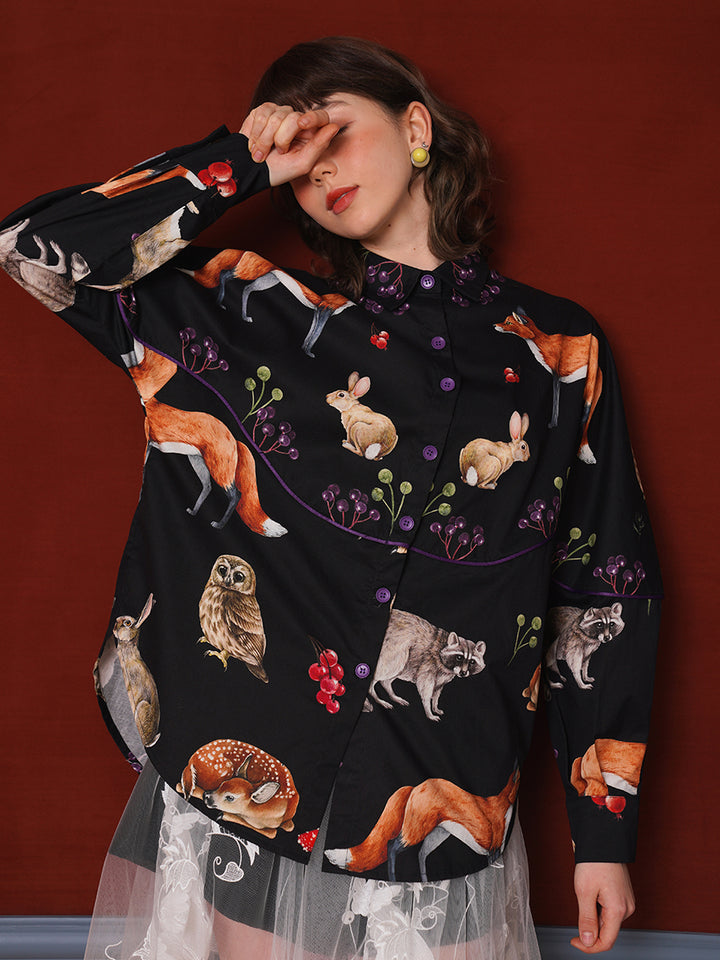 Original retro art shirt, classical hand-painted animal illustration printed top, casual spring and summer small shirt for women