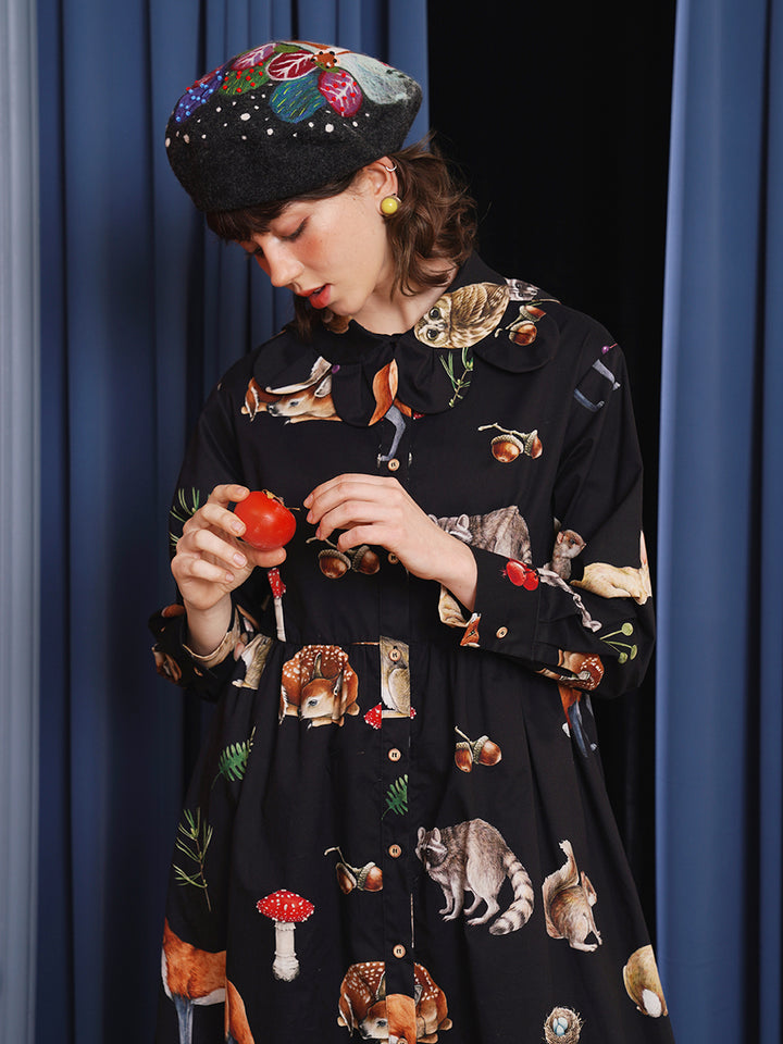 Original classical art style spring/summer dress with petal collar, retro illustration, animal print, long waist cinching skirt