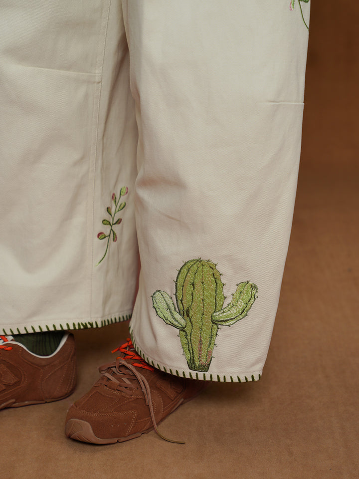 Original retro embroidered cactus casual pants for women, Cuban style high waisted straight leg wide leg pants, unisex style