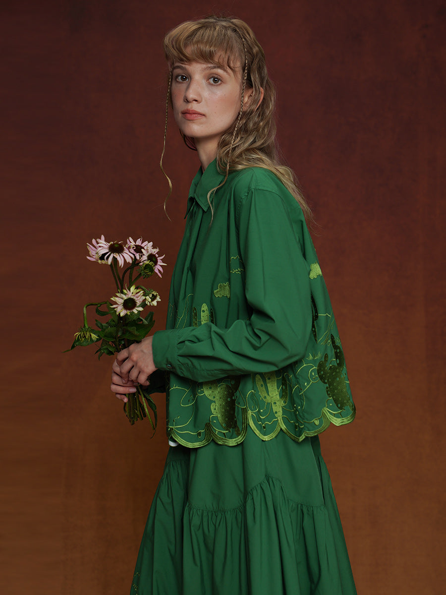 Original Design Women's Retro Pine Green Embroidered Shirt, Women's Relaxation, Niche Loose Top