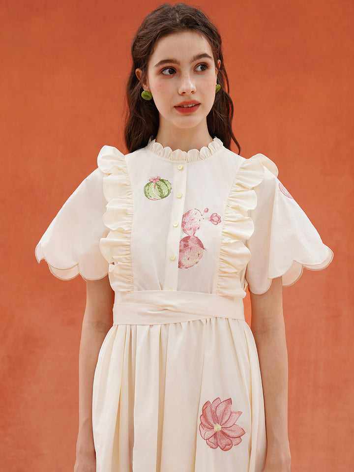 Original light French retro embroidered dress, summer sports bow long skirt, petal collar shirt