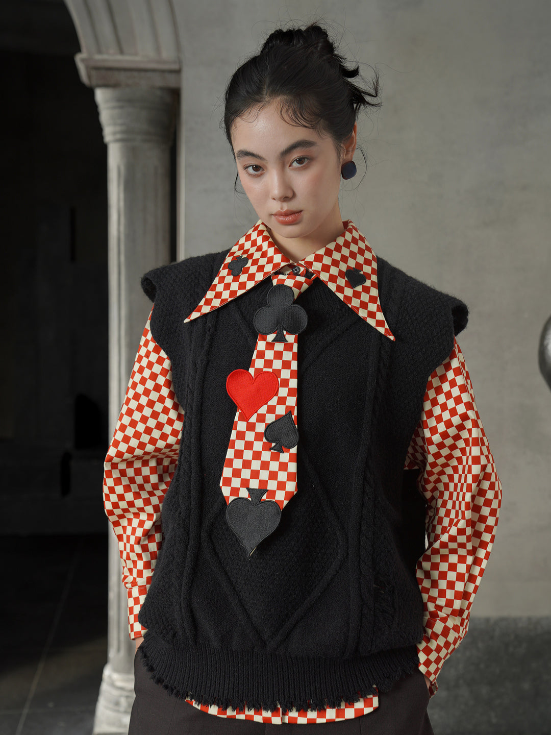 Vintage Red Diamond & Poker Embroidered Shirt | Preppy Style Lapel Blouse