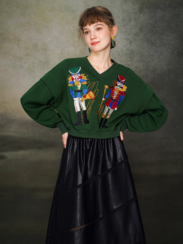 Nutcracker Embroidered Wide V-neck Hoodie with Spliced Sleeves