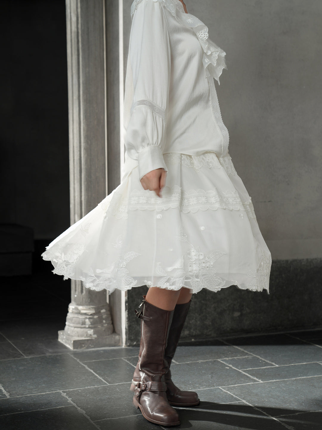 French Pearl White 3D Floral Embroidery Midi Skirt | Textured Flare Design