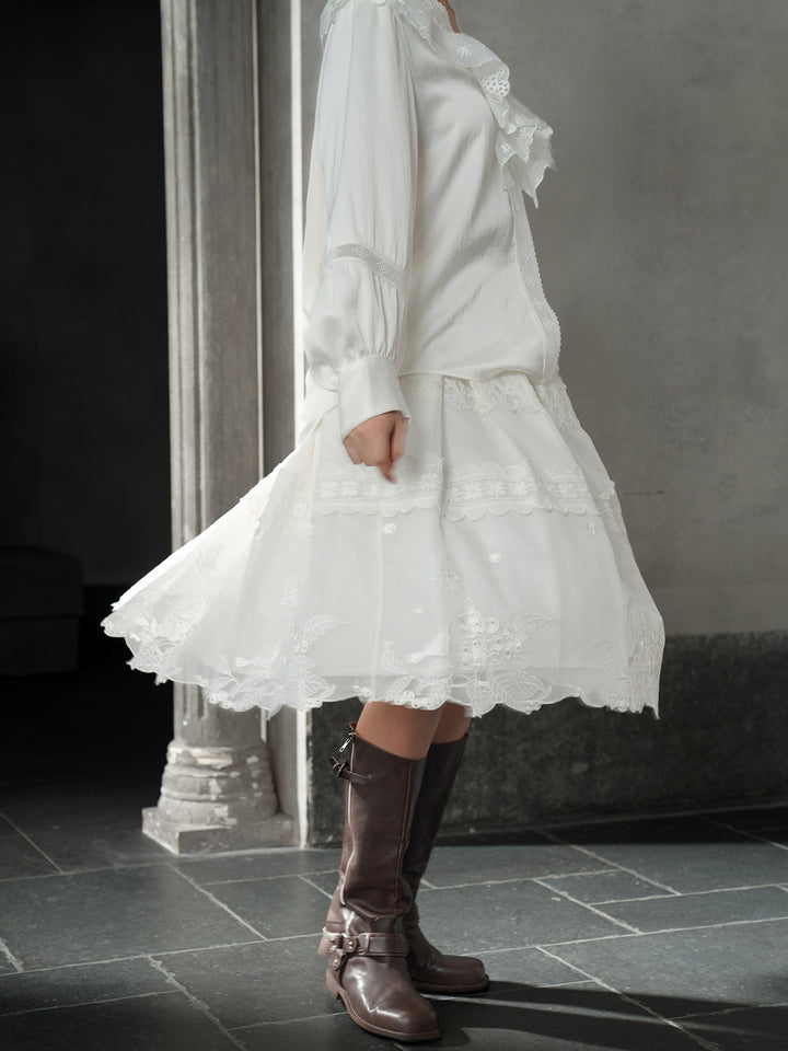 French Pearl White 3D Floral Embroidery Midi Skirt | Textured Flare Design