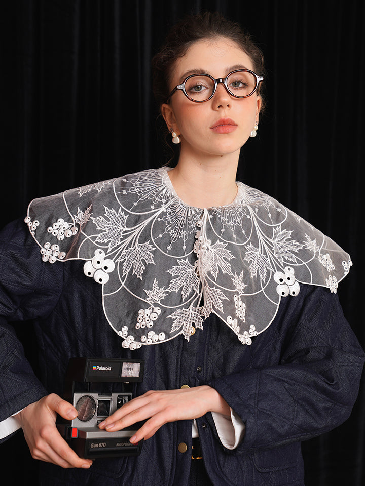 Original Vine Lace Heavy Embroidery Big Collar White Shirt French Retro Age Reducing Sweet Girl's Top