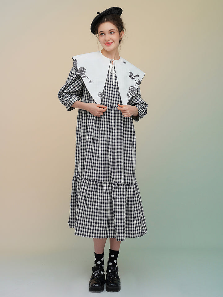Original Embroidered Rose French Retro Long Sleeve Dress with Classic Black and White Grid Medium length Dress for Women