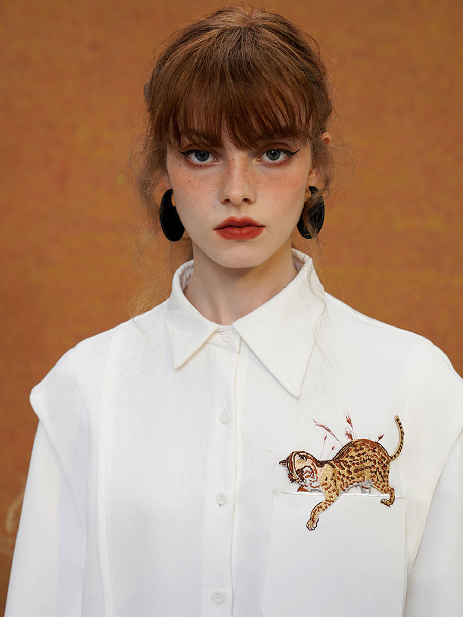 Original sleeved contrasting leopard shirt with artistic style retro spring top for women