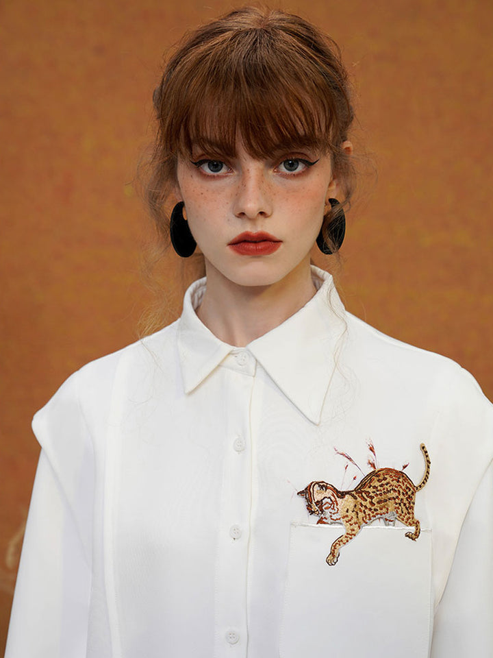 Original sleeved contrasting leopard shirt with artistic style retro spring top for women