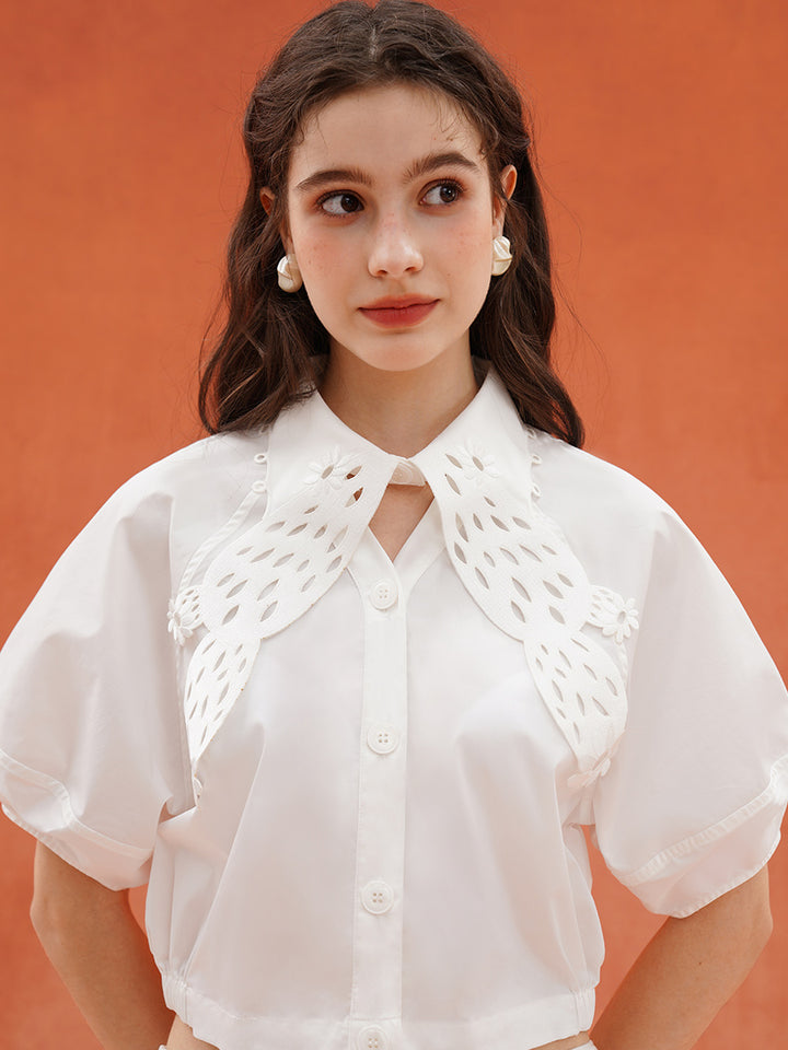 Original plant embroidery small V-neck hollow collar shirt wrinkle resistant breathable fabric short shirt versatile