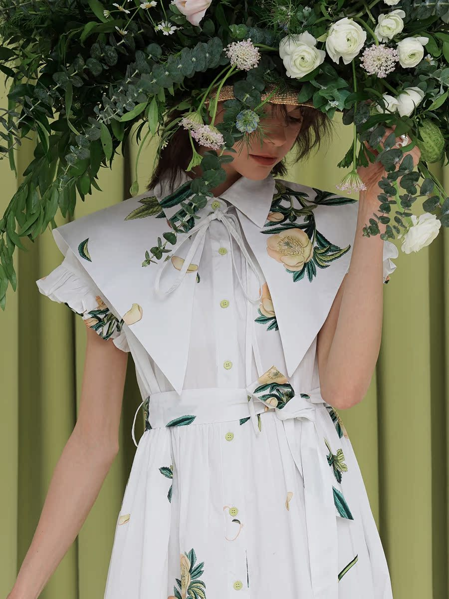 Original Early Spring French Romantic Plant Printed Tea Break Skirt for Palace Girls Retro Chic Dress for Women