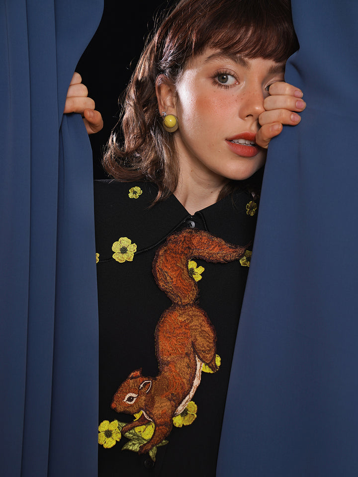 Forest Fairy Squirrel & Flower Embroidered Tie - Retro Knot-Free Niche Gift