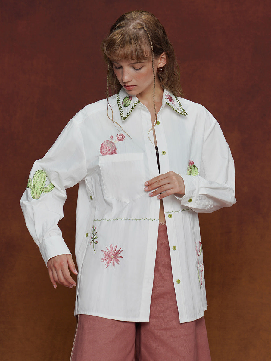 Original design, niche retro shirt, heavy embroidery long sleeved women's Cuban collar loose top