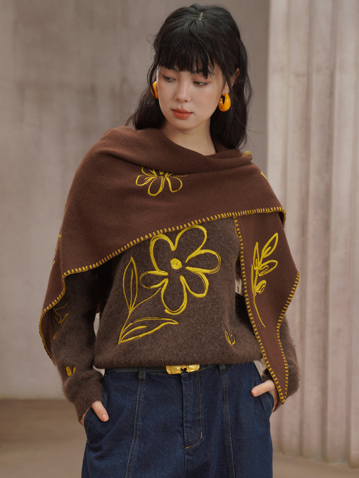 Vintage Manor Flower Shawl - Original Warm Brown Pure Wool Embroidered Scarf