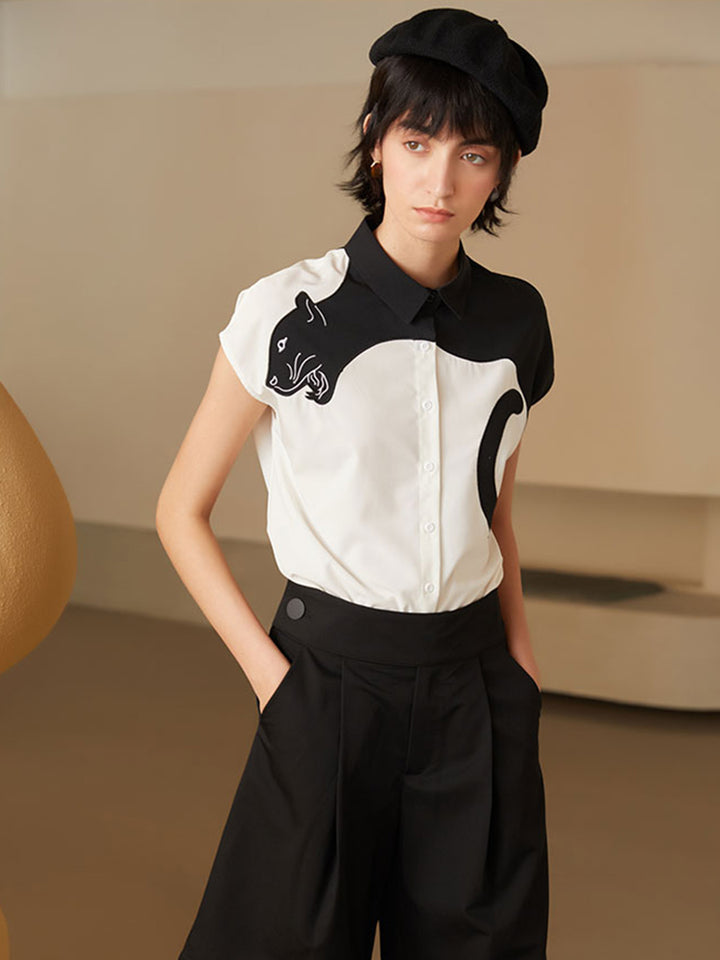 Urban Feline Leopard Shirt - Original Art Style Color Contrast Slimming Short Sleeve Blouse