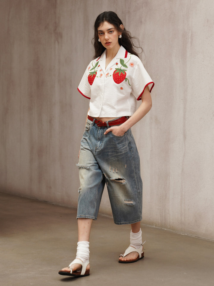 2026 vintage American style street jeans, ripped and washed, cropped pants for women, summer wide-leg pants, high-waisted pants