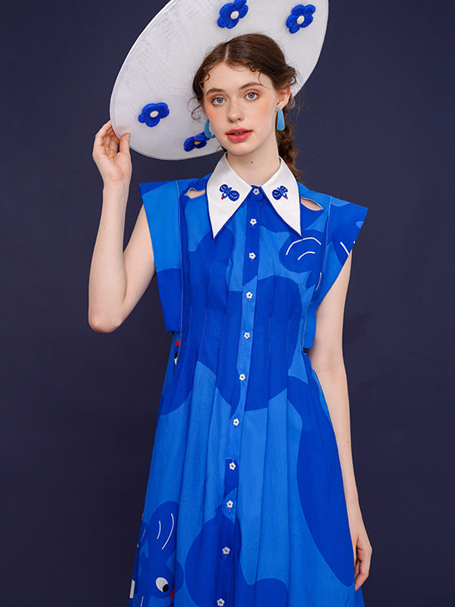 Original French Retro Bird Graffiti Printed Sleeveless Dress, Women's Blue Long Dress, Stylish and Slimming Skirt