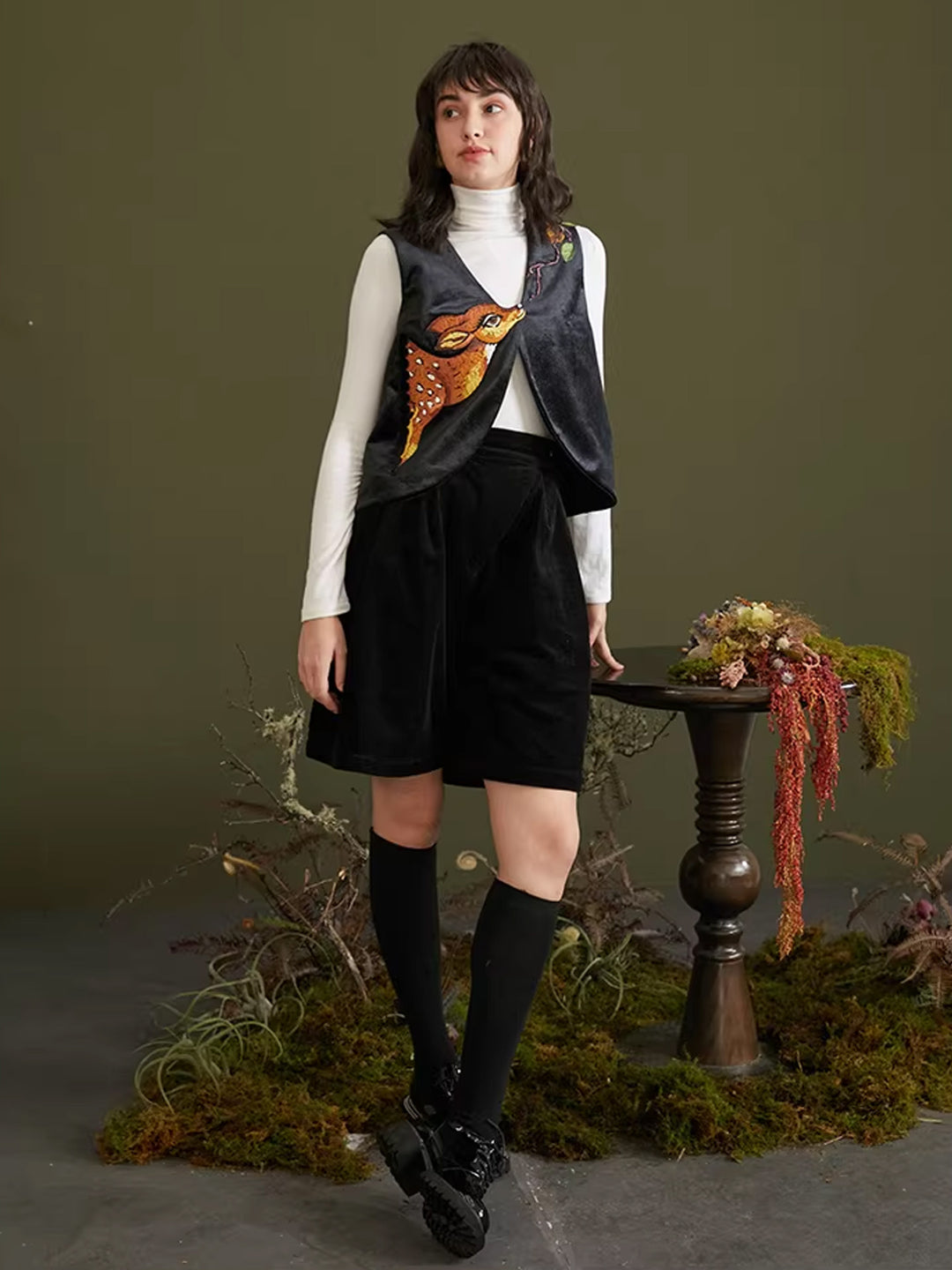 Forest Deer  Velvet Vest - Original Elegant Branch Embroidered V-neck Waistcoa