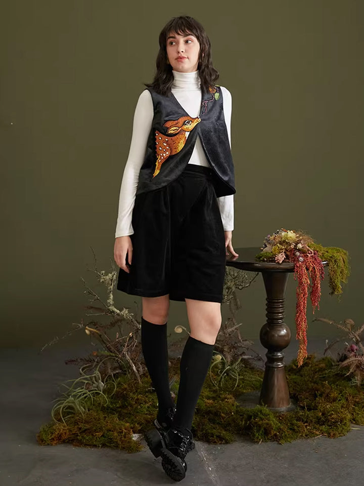 Forest Deer  Velvet Vest - Original Elegant Branch Embroidered V-neck Waistcoa