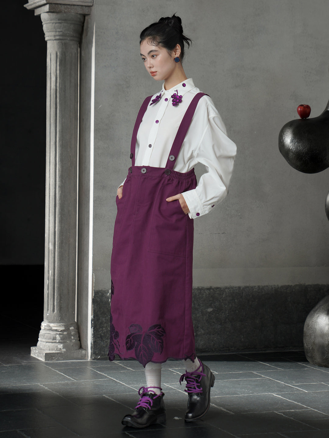 Grape Purple Vine Embroidered Slip Dress | Vintage Maxi Cami Skirt