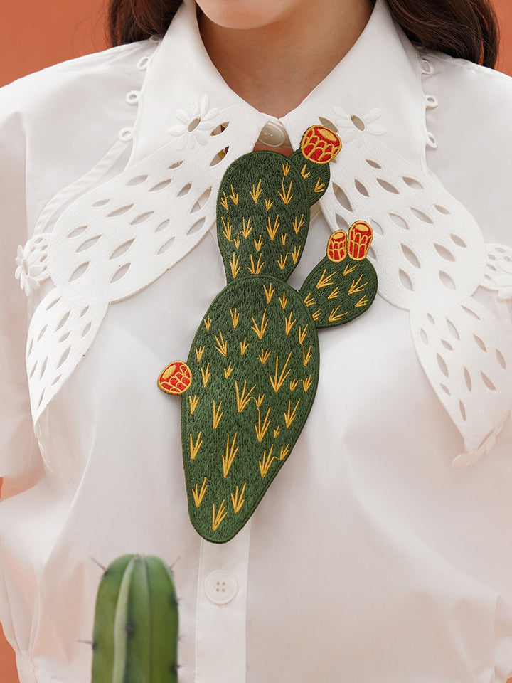 Desert Island Cactus Embroidery Tie, niche retro green knot free accessory gift, original by Kamo