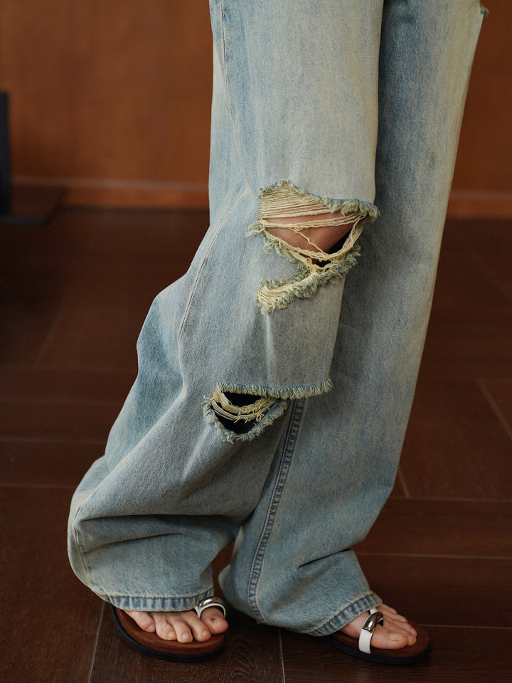 26 vintage American-style washed denim jeans for women, straight-cut wide-leg slim-fitting long pants, summer casual pants