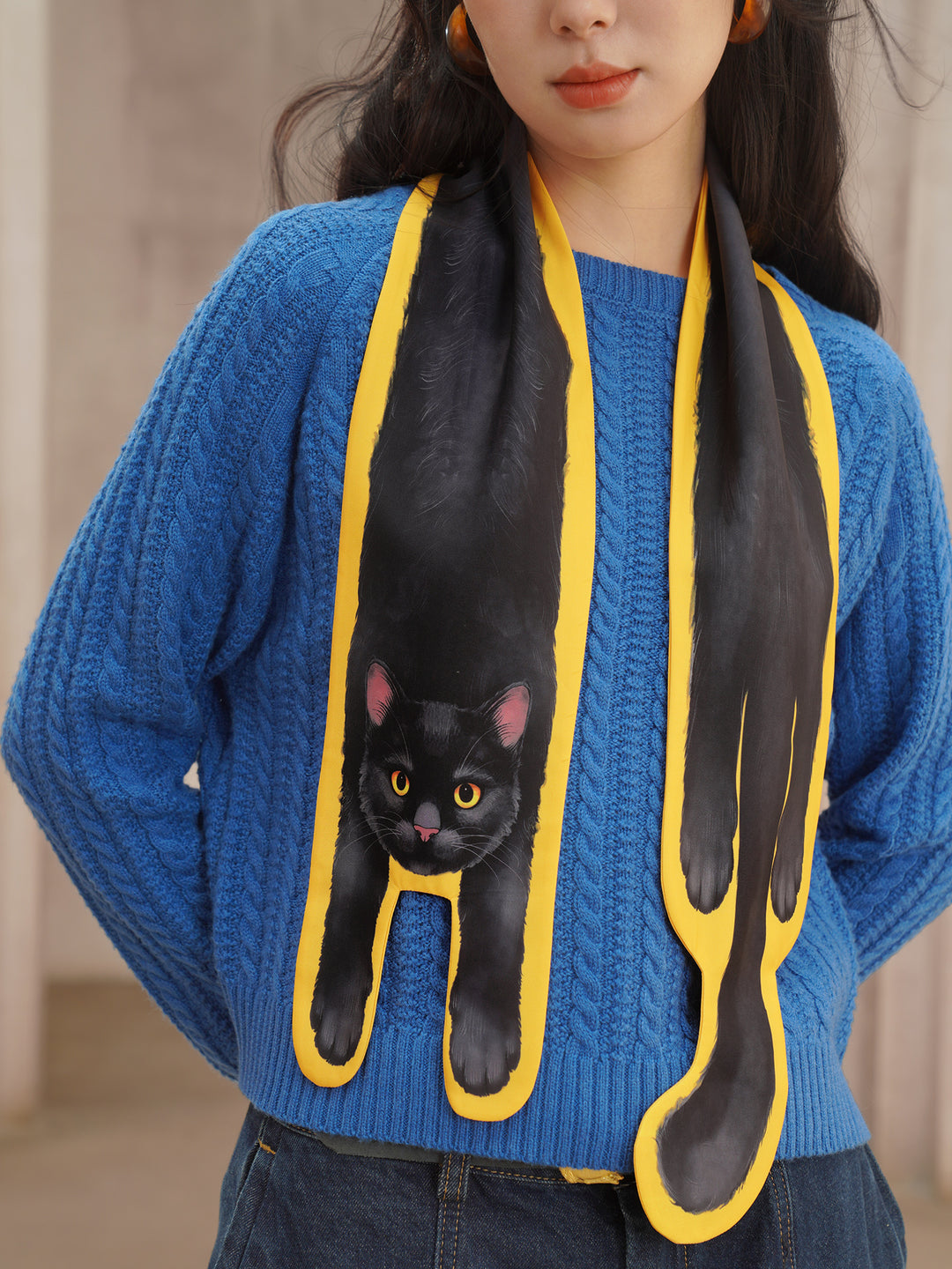 Golden Whiskers Little Black Cat Scarf - Smooth Silk-Feel Bright Yellow Neck Wrap