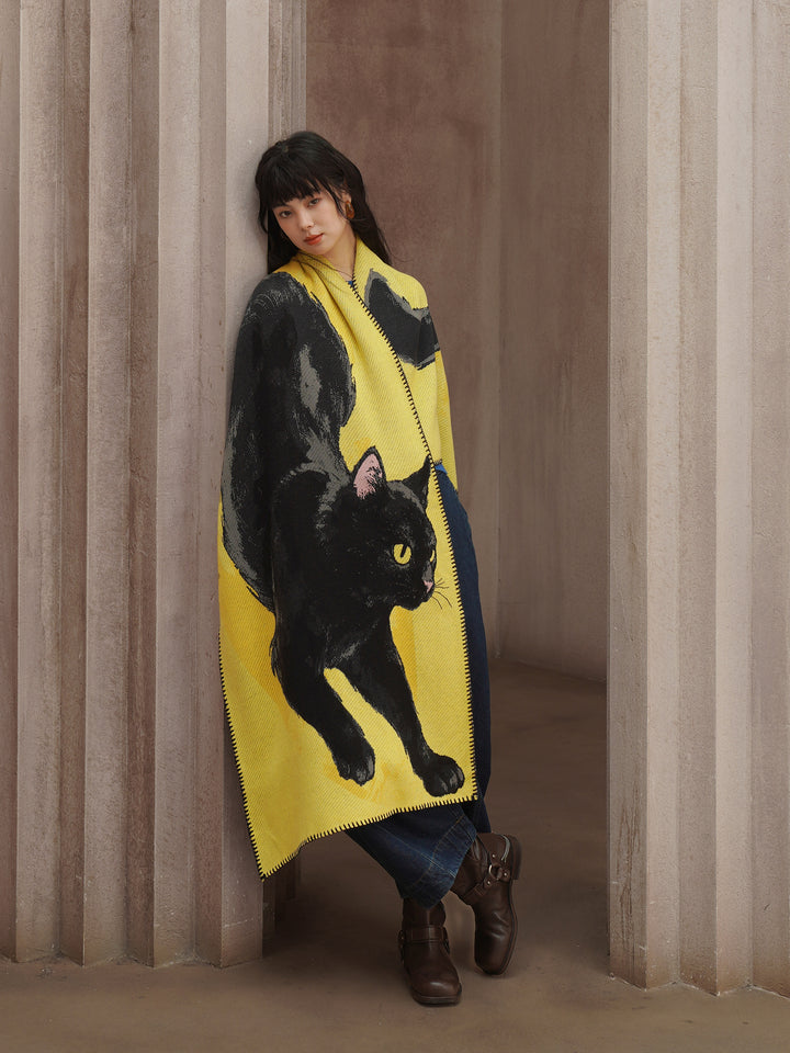 Midnight Feline  Chunky Shawl - Original Wool Blend Black Cat Knitted Scarf