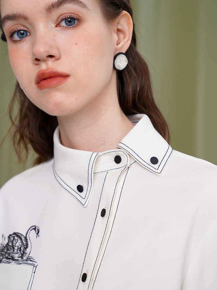 Swan Embroidered Retro Shirt - Original Niche Genderless Top for Couples