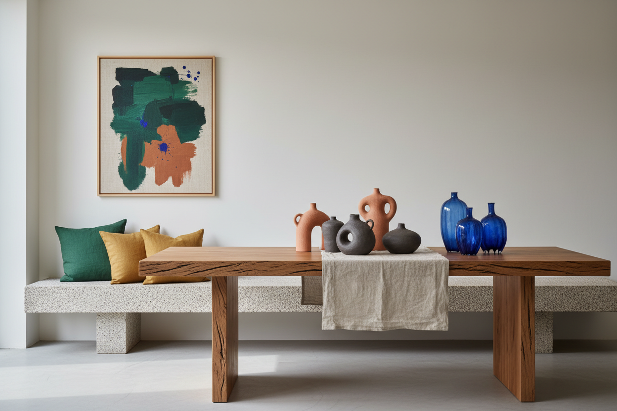 the restraint of natural materials and the vibrancy of intuitive color